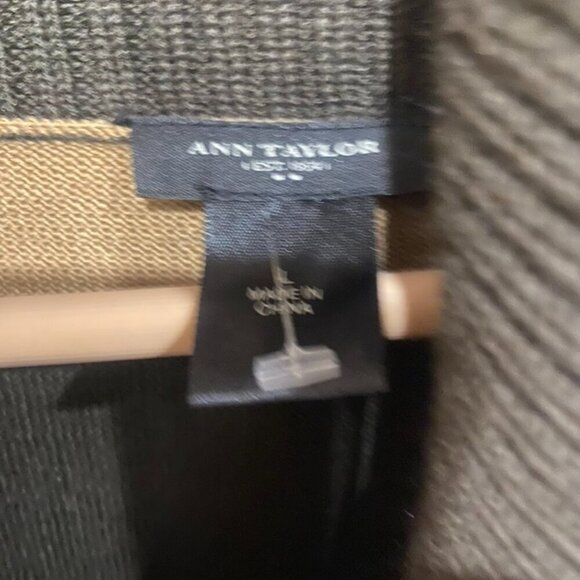 Ann Taylor Sweater Dress Large Brown Striped Cowl Merina Wool Black knit Collar - Picture 2 of 3